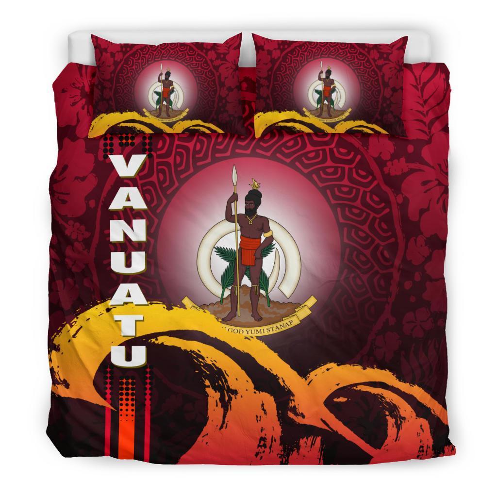 Vanuatu Duvet Cover Set - Vanuatu Coat Of Arms Wave and Hibiscus Red Red - Polynesian Pride