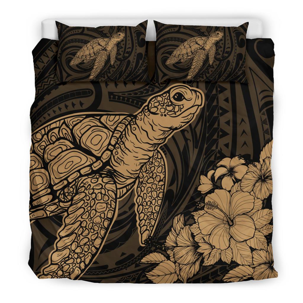 Hawaiian Hibiscus Memory Turtle Polynesian Bedding Set Gold - Polynesian Pride