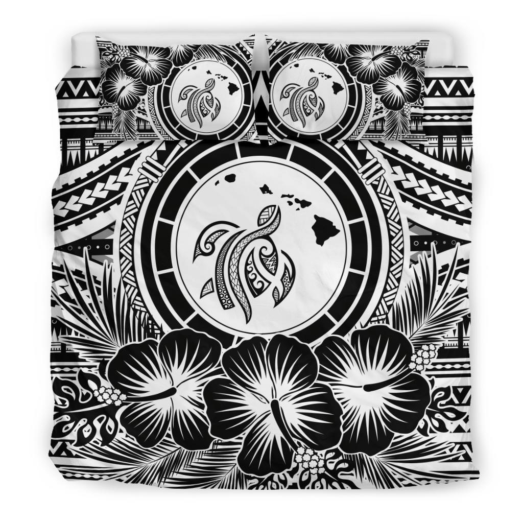 Hawaiian Map Honu Hibiscus Tropic White Polynesian Bedding Set - Polynesian Pride