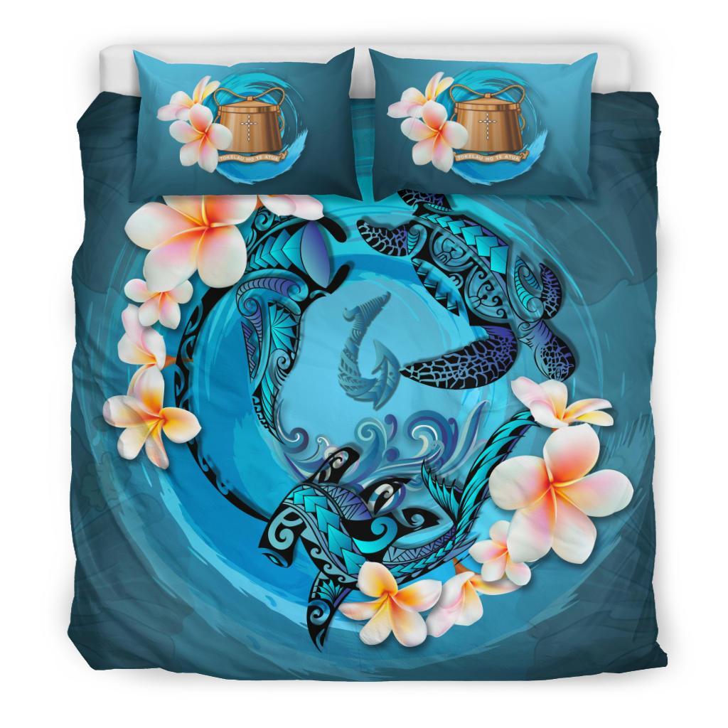 Polynesian Duvet Cover Set - Tokelau Bedding Set Blue Plumeria Animal Tattoo Blue - Polynesian Pride