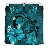 Hawaiian Map Big Turtle Hibiscus Plumeria Tribal Polynesian Bedding Set - Turquoise - Polynesian Pride