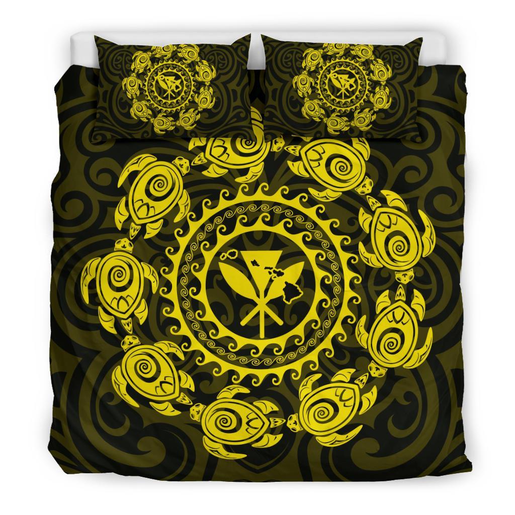Hawaiian Map Kanaka Turtles Circle Style Yellow Polynesian Bedding Set - Polynesian Pride