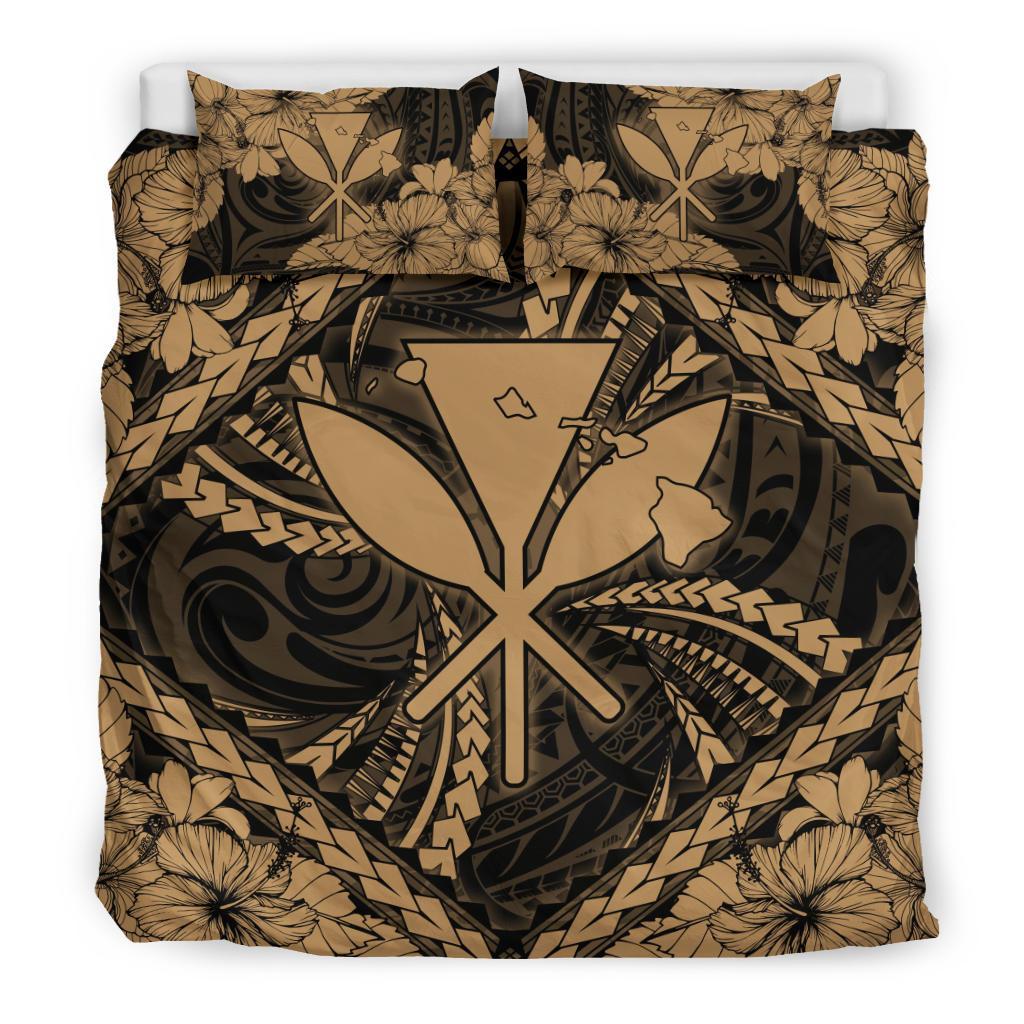Hawaiian Map Kanaka Hibiscus Gold Polynesian Bedding Set - Polynesian Pride