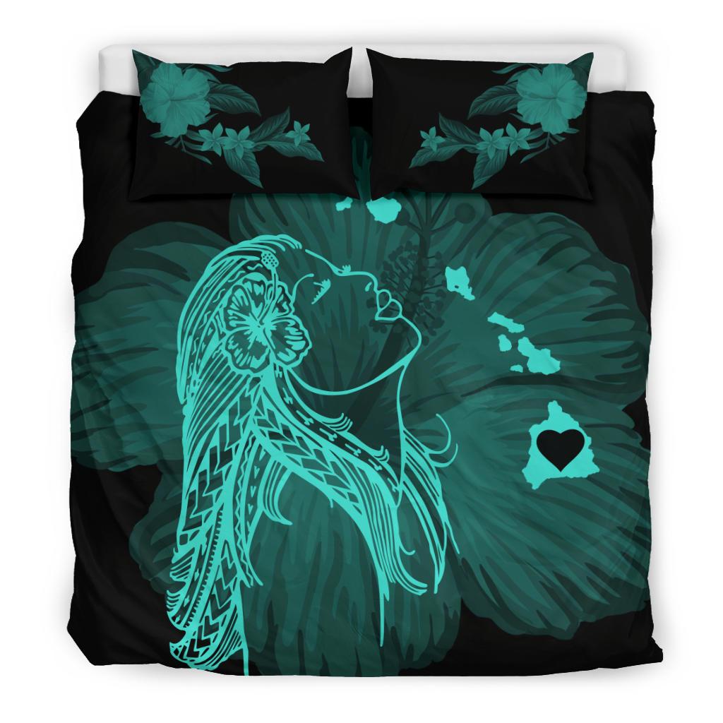 Hawaiian Map Heart Hula Girl Hibiscus Polynesian Bedding Set - Turquoise - Polynesian Pride