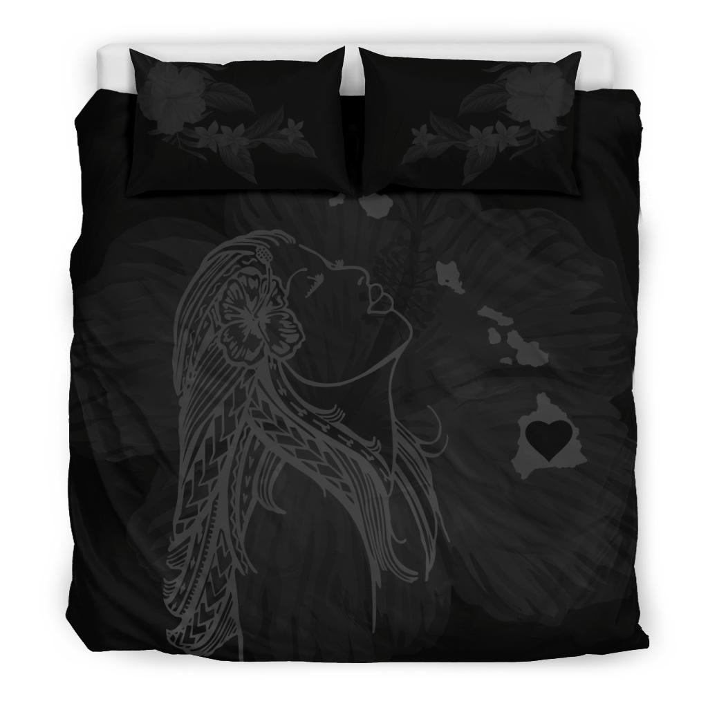 Hawaiian Map Heart Hula Girl Hibiscus Polynesian Bedding Set - Gray - Polynesian Pride