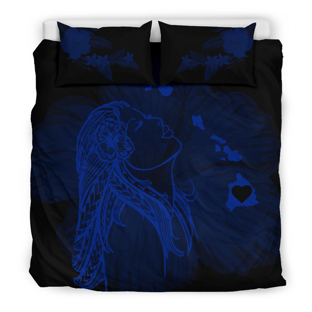 Hawaiian Map Heart Hula Girl Hibiscus Polynesian Bedding Set - Blue - Polynesian Pride