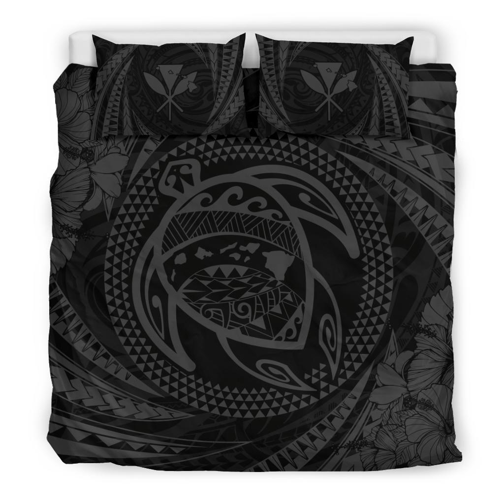 Hawaiian Kanaka Honu Hibiscus Tornado Gray Polynesian Bedding Set - Polynesian Pride
