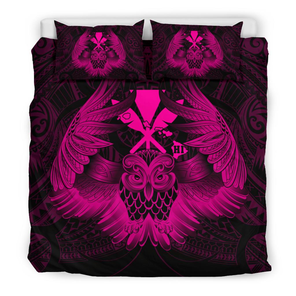 Hawaiian Map Owl Kanaka Bedding Set - Pueo Aumakua - Pink - Polynesian Pride