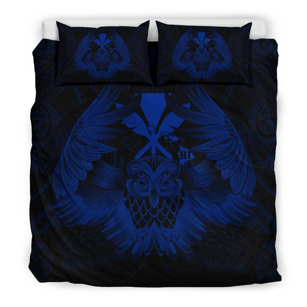 Hawaiian Map Owl Kanaka Bedding Set - Pueo Aumakua - Blue - Polynesian Pride