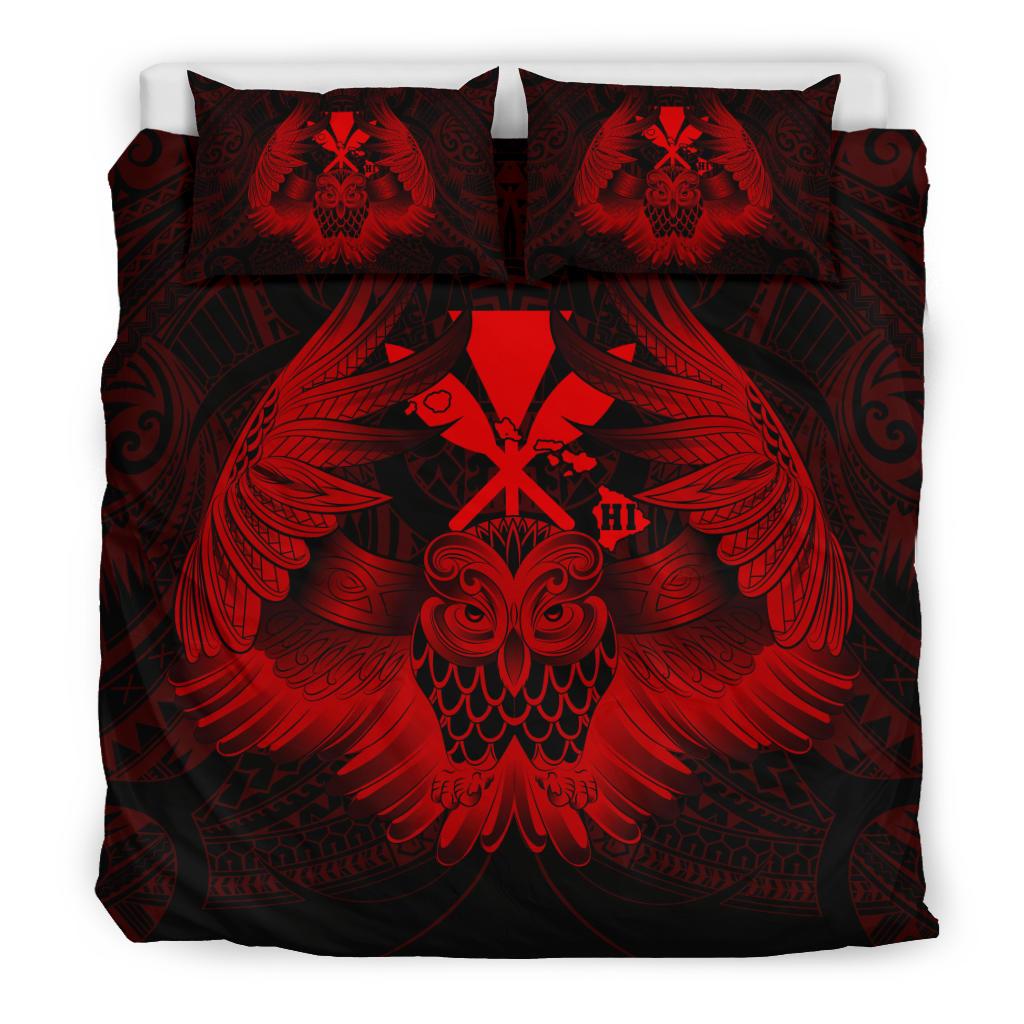 Hawaiian Map Owl Kanaka Bedding Set - Pueo Aumakua - Red - Polynesian Pride