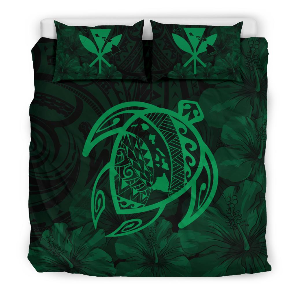 Hawaiian Map Turtle Kanaka Hibiscus Polynesian Bedding Set - Green - Polynesian Pride