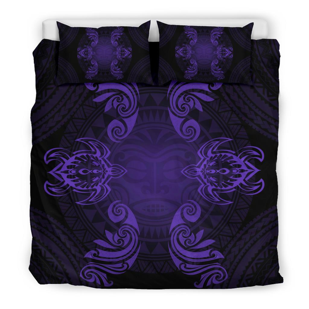 Hawaiian Turtles Tribal Mask Polynesian Bedding Set Purple - Polynesian Pride