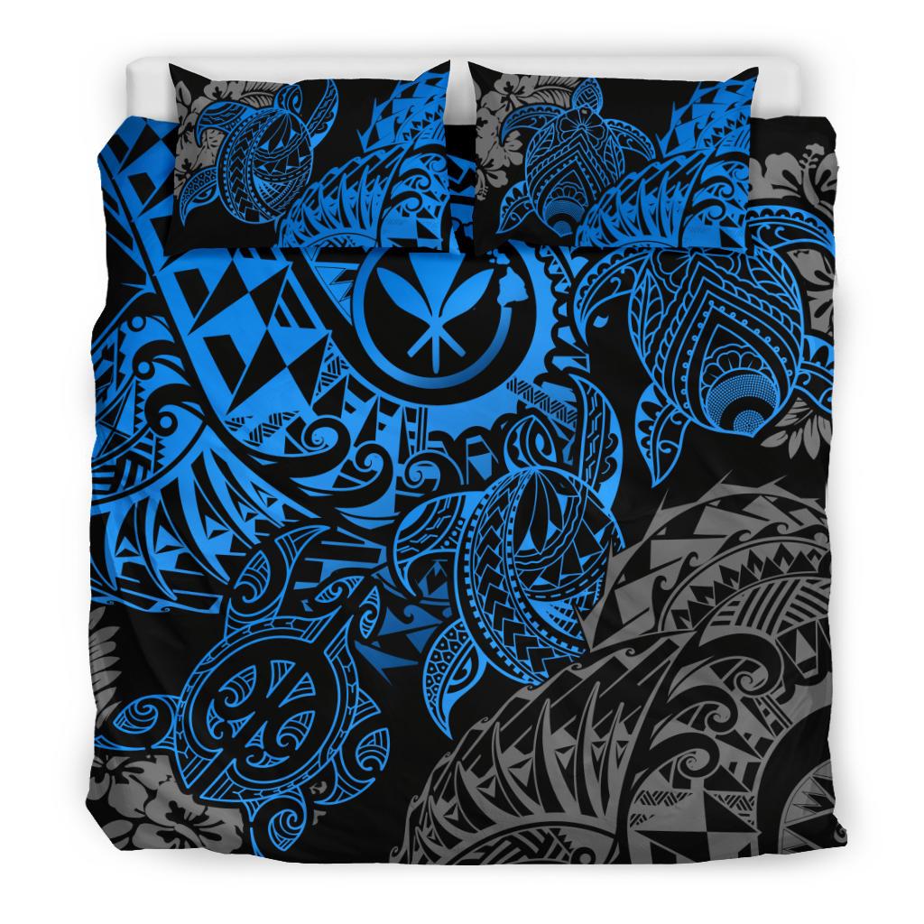 Polynesian Hawaii (Kanaka Maoli) Duvet Cover Set - Blue Hibiscus Turtle Flowing - Polynesian Pride
