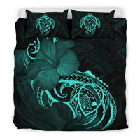 Hawaiian Map Turtle Hibiscus Divise Turquoise Polynesian Bedding Set - Polynesian Pride