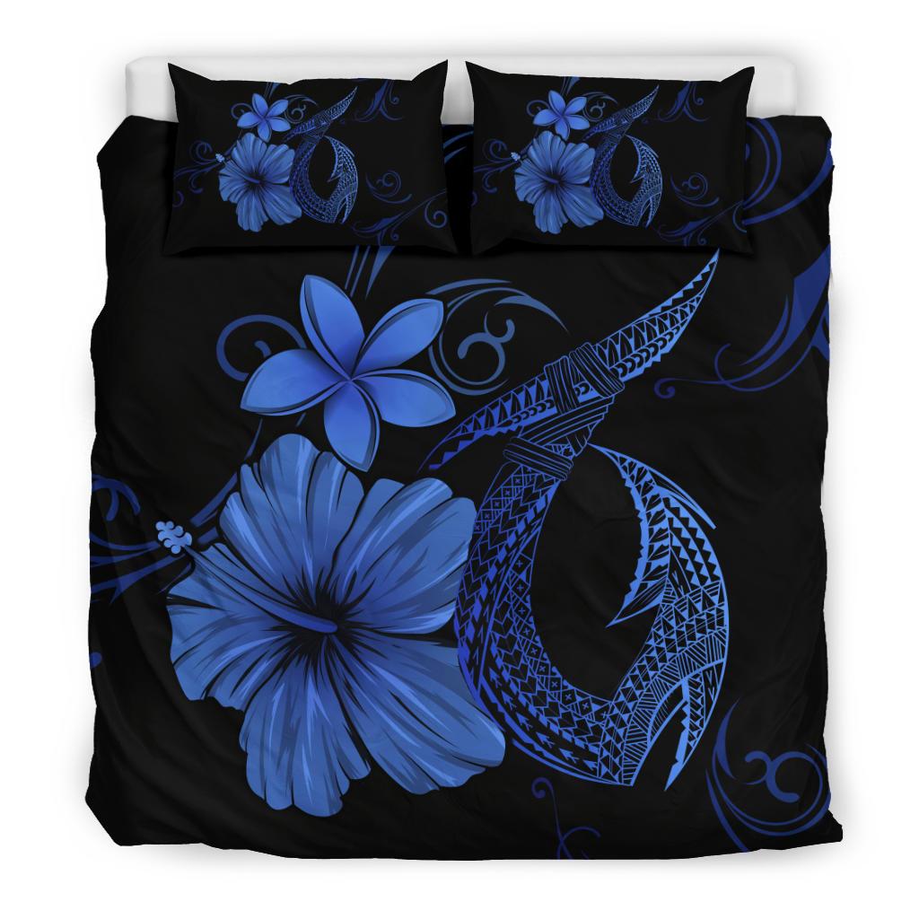 Hawaiian Fish Hook Hibiscus Plumeria Polynesian Bedding Set - Blue - Polynesian Pride