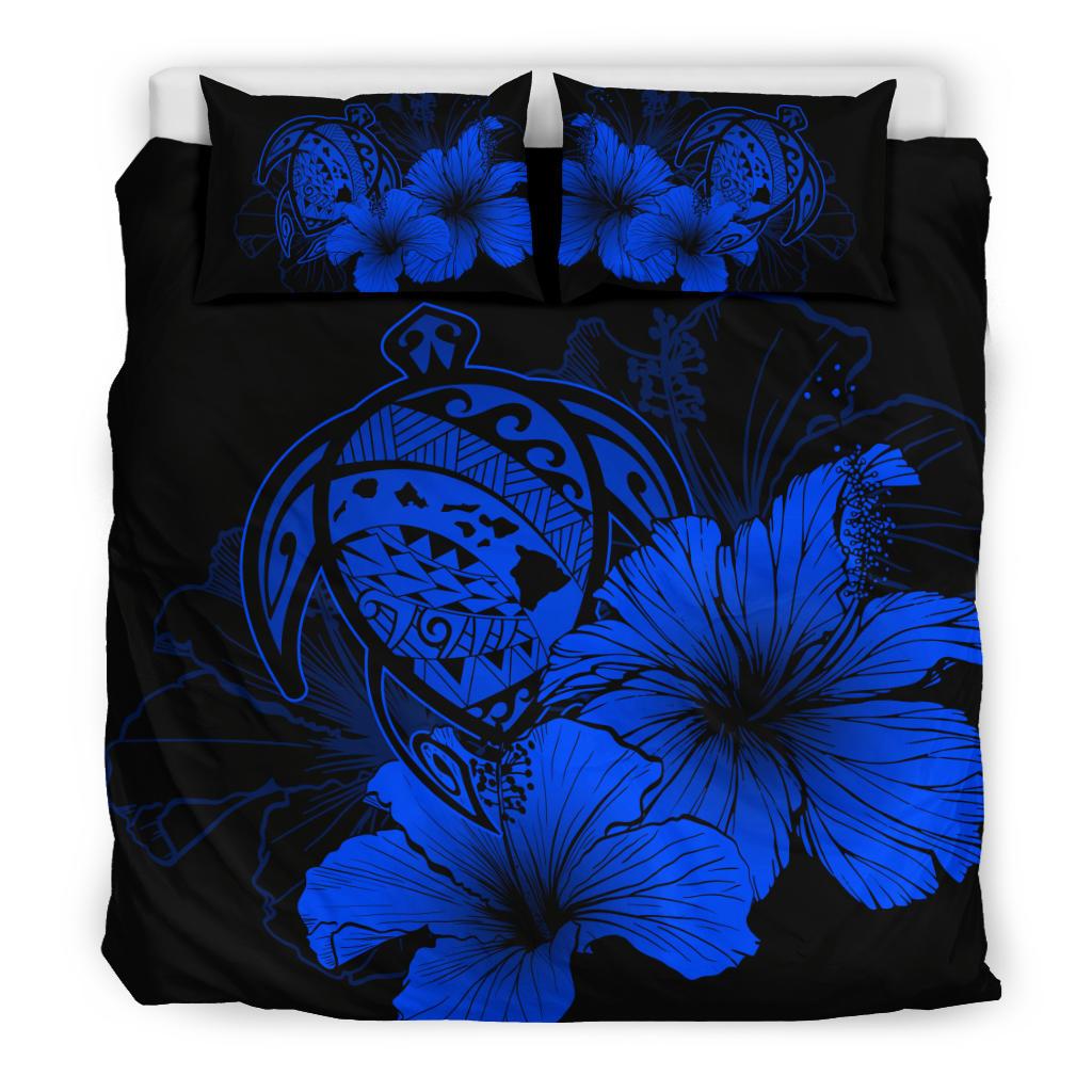 Hawaiian Map Hibiscus Turtle Polynesian Bedding Set - Traffic Blue - Polynesian Pride