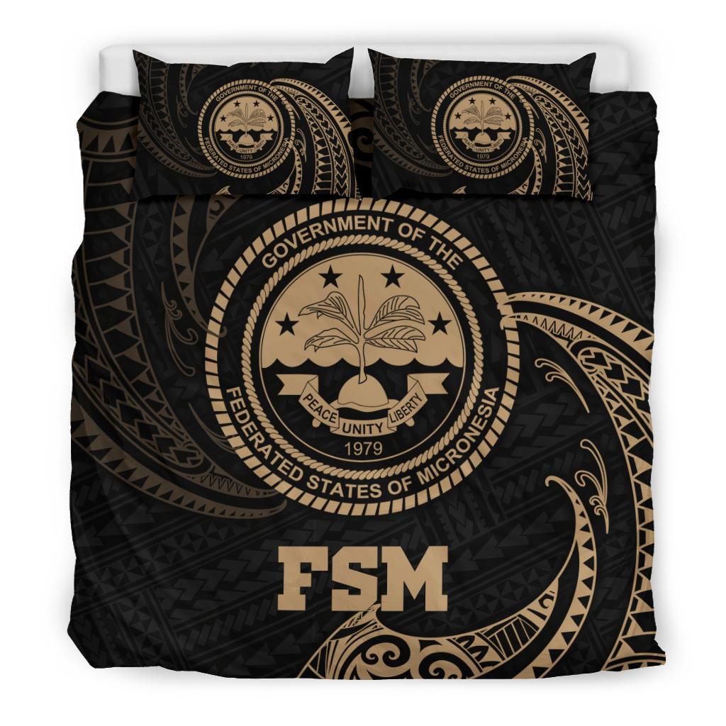 Polynesian Bedding Set - Federated States Of Micronesia Duvet Cover Set Gold Tribal Wave - Polynesian Pride