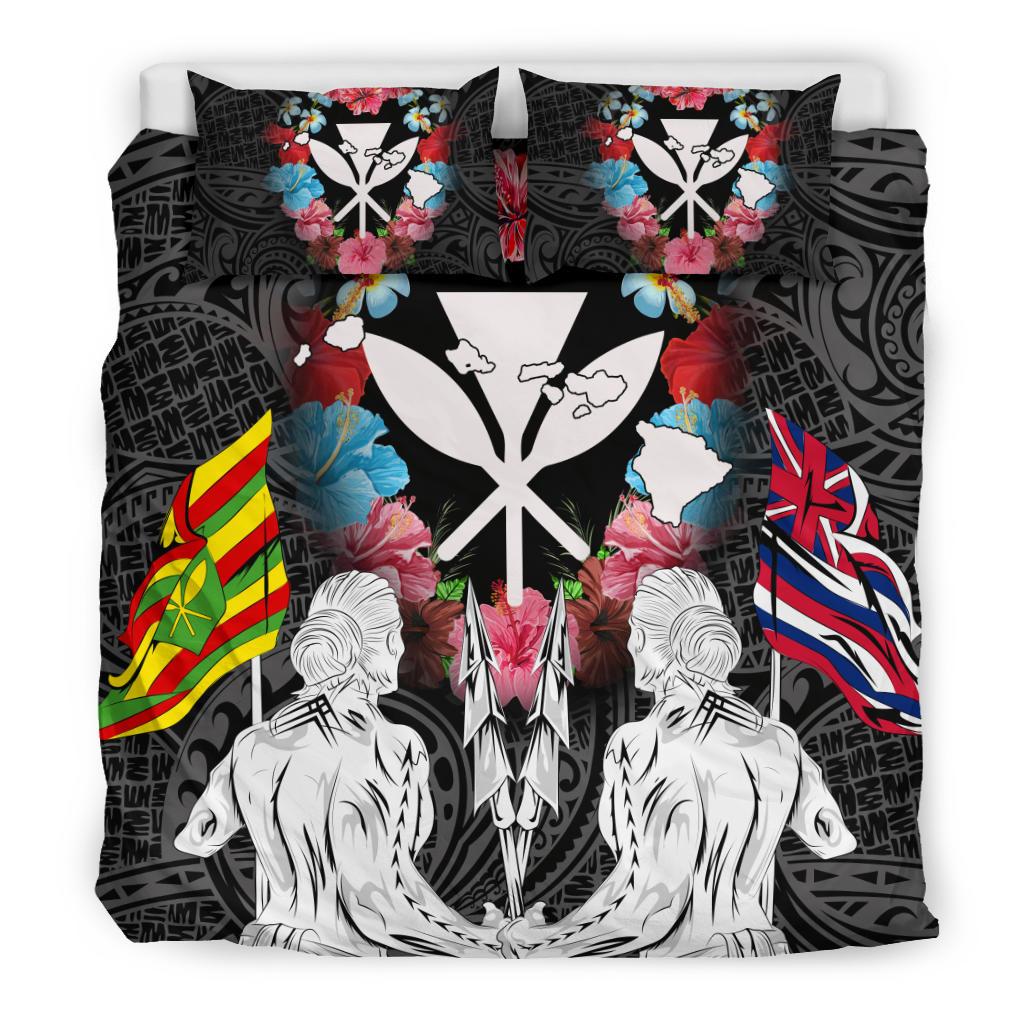 Hawaii Map Kanaka Two Men Holding Flag Bedding Set - AH - White - Polynesian Pride