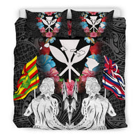 Hawaii Map Kanaka Two Men Holding Flag Bedding Set - AH - White - Polynesian Pride