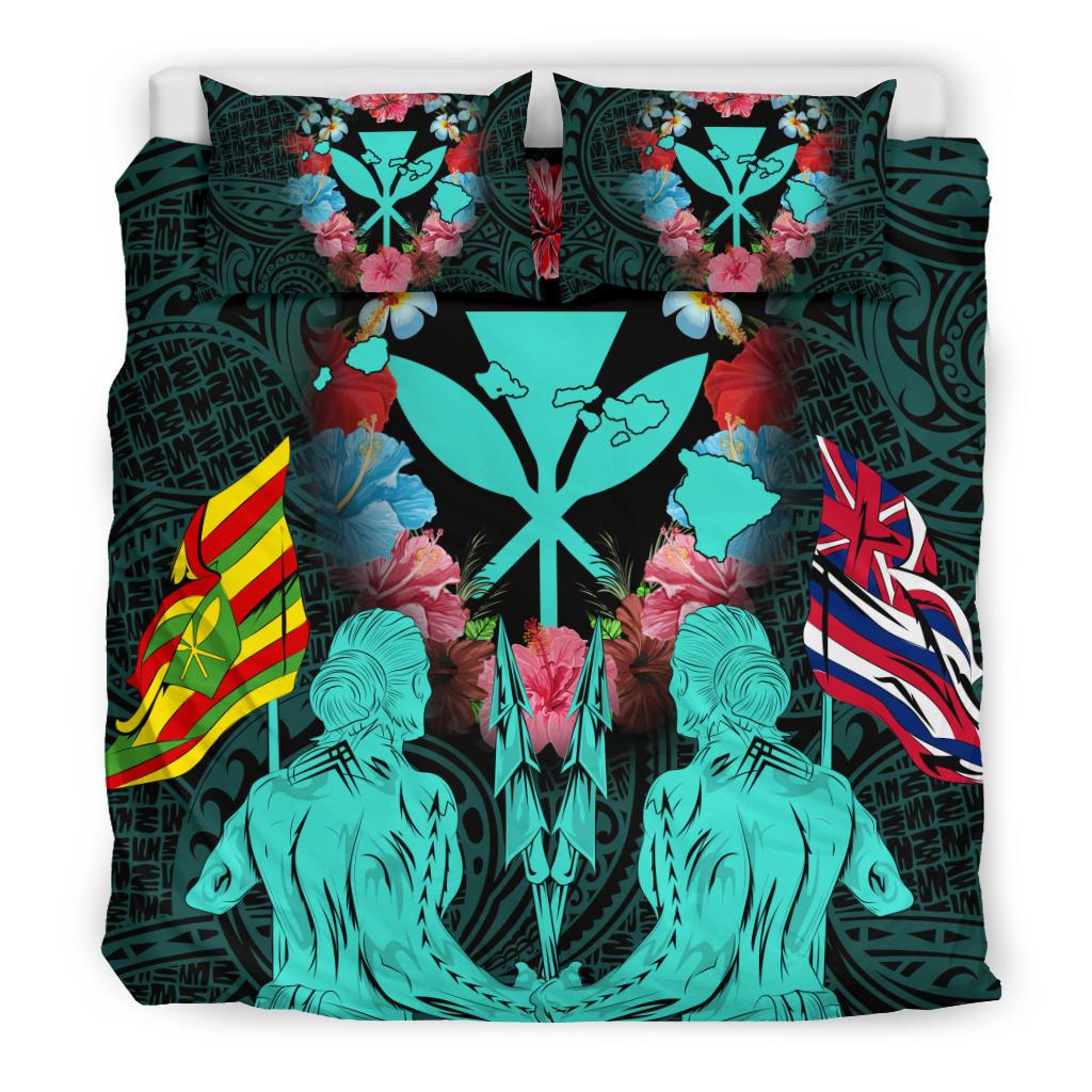 Hawaii Map Kanaka Two Men Holding Flag Bedding Set - AH - Turquoise - Polynesian Pride