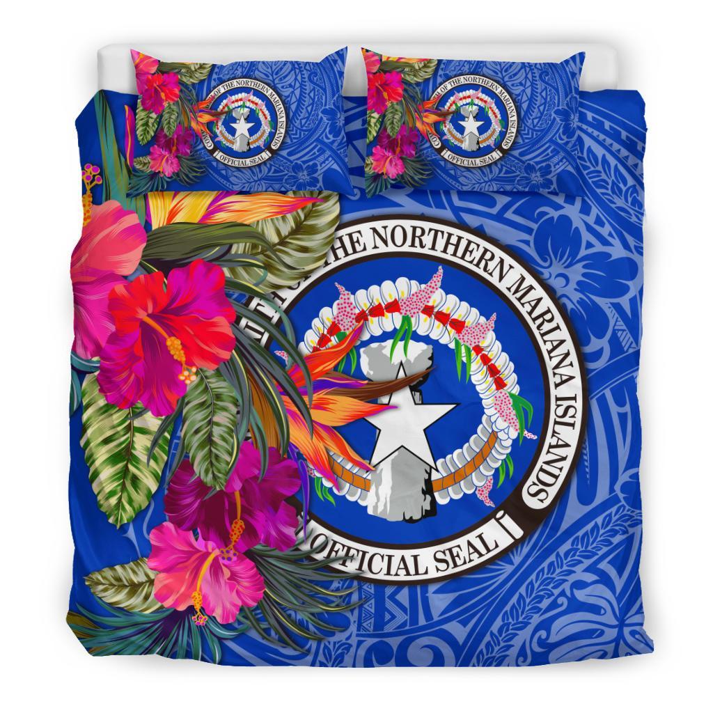 Northern Mariana Islands Bedding Set - Saipan Hibiscus Polynesian Pattern Blue Version - Polynesian Pride