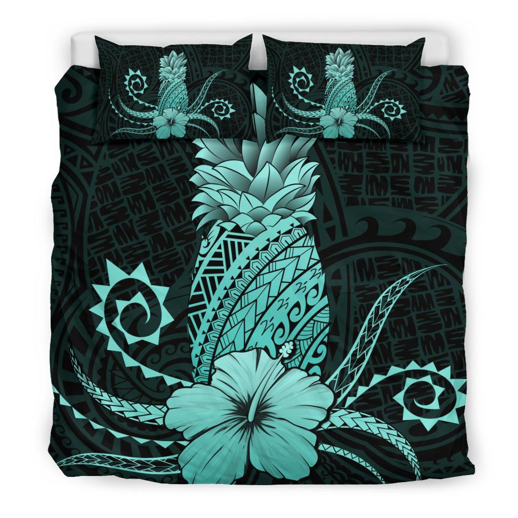Hawaii Polynesian Pineapple Hibiscus Bedding Set - Zela Style Turquoise - Polynesian Pride