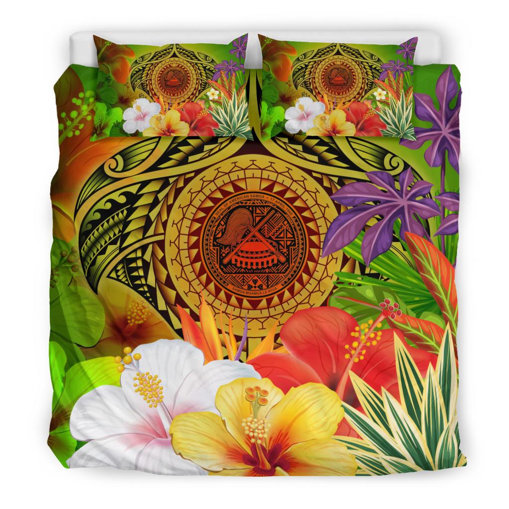 American Samoa Polynesian Bedding Set - Manta Ray Tropical Flowers (Reggae) - Polynesian Pride