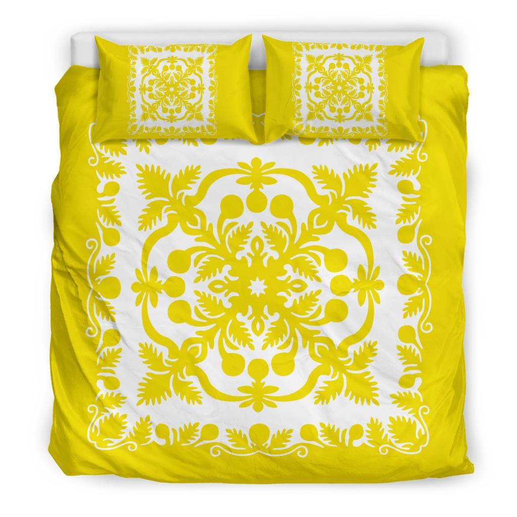 Hawaiian Bedding Set Royal Pattern - Yellow And White - Polynesian Pride