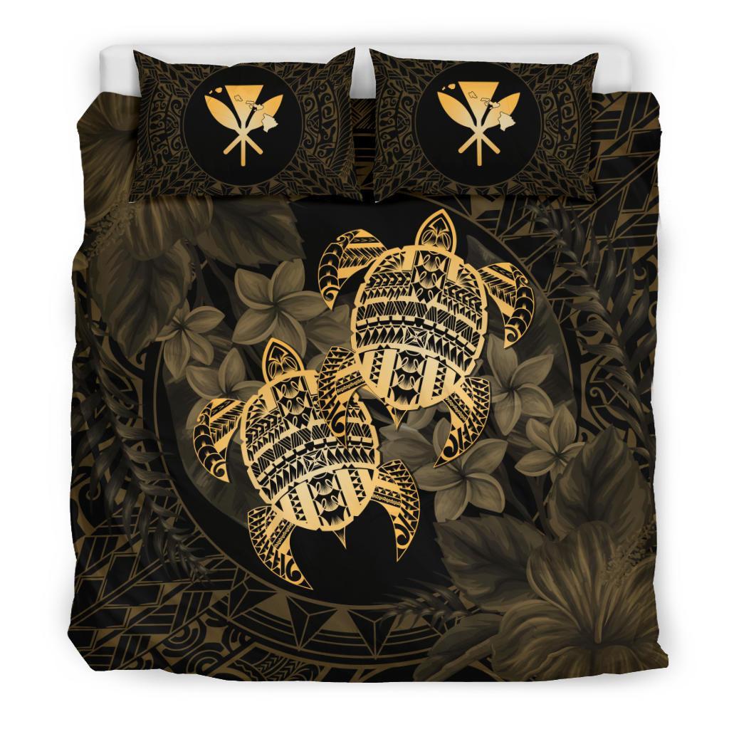 Hawaii Bedding Set - Turtle Strong Pattern Hibiscus Plumeria Gold AH - Polynesian Pride
