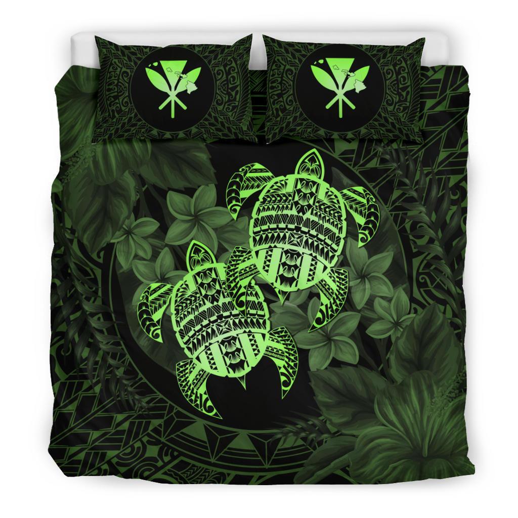 Hawaii Bedding Set - Turtle Strong Pattern Hibiscus Plumeria Green AH - Polynesian Pride