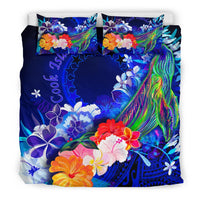 Cook Islands Bedding Set - Humpback Whale with Tropical Flowers (Blue) - Polynesian Pride