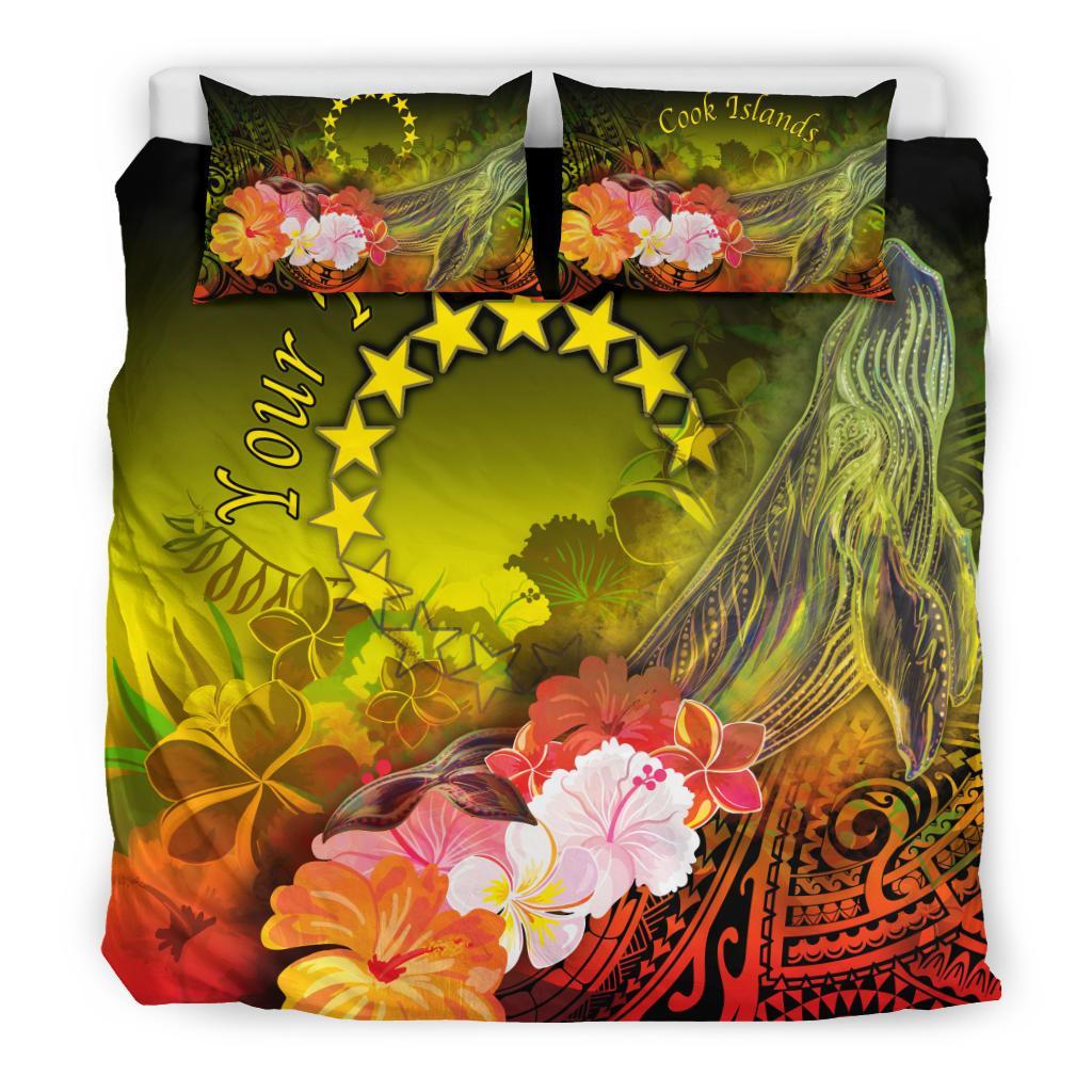 Cook Islands Custom Personalised Bedding Set - Humpback Whale with Tropical Flowers (Yellow) - Polynesian Pride