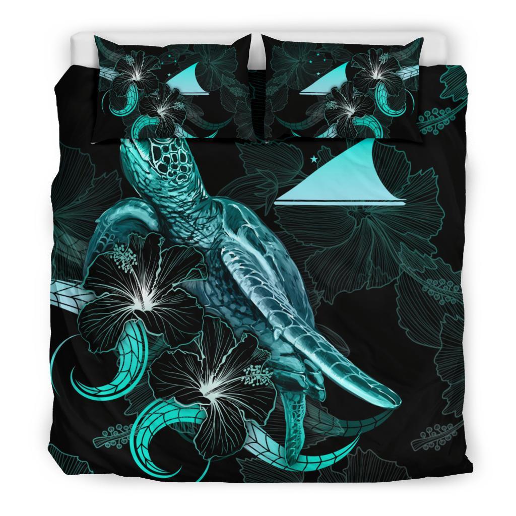 Tokelau Polynesian Bedding Set - Turtle With Blooming Hibiscus Turquoise - Polynesian Pride