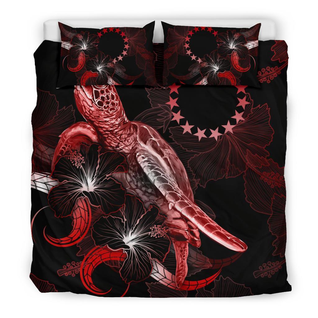Cook Islands Polynesian Bedding Set - Turtle With Blooming Hibiscus Red - Polynesian Pride