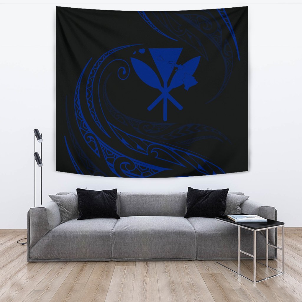 Kanaka Tapestry - Blue - Frida Style Wall Tapestry Large 104" x 88" Black - Polynesian Pride