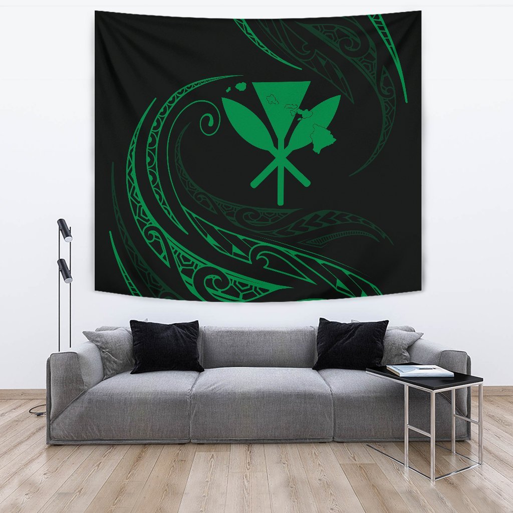 Kanaka Tapestry - Green - Frida Style Wall Tapestry Large 104" x 88" Black - Polynesian Pride