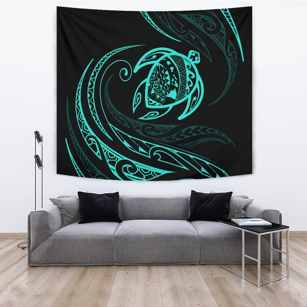 Hawaii Turtle Tapestry - Turquoise - Frida Style Wall Tapestry Black - Polynesian Pride