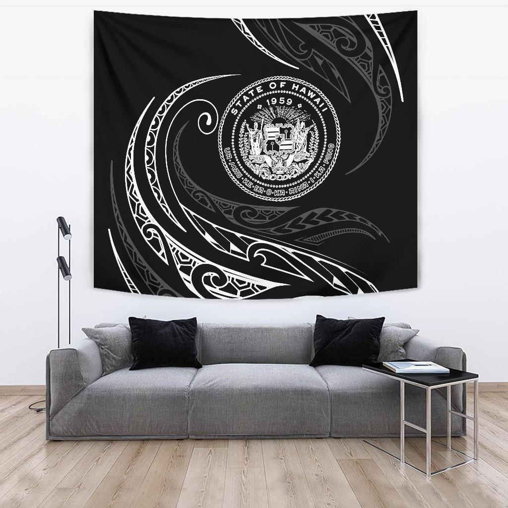 Hawaii Coat Of Arms Tapestry - White - Frida Style Wall Tapestry 150cm*150cm Black - Polynesian Pride