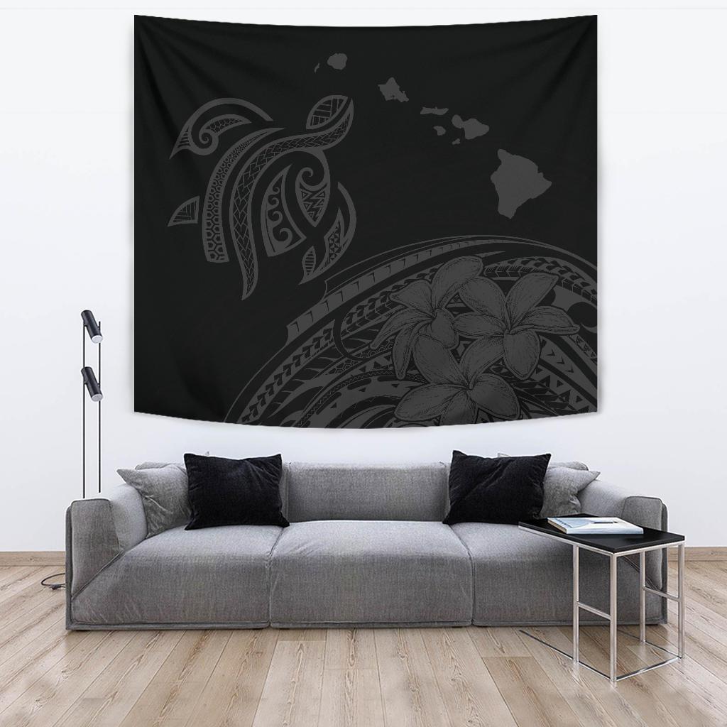 Hawaii Map Plumeria Polynesian Gray Tribal Tapestry - Polynesian Pride