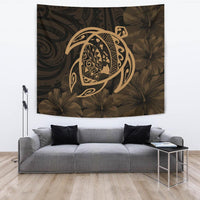 Hawaii Turtle Kanaka Map Hibiscus Poly Tapestry - Gold Wall Tapestry Large 104" x 88" Gold - Polynesian Pride