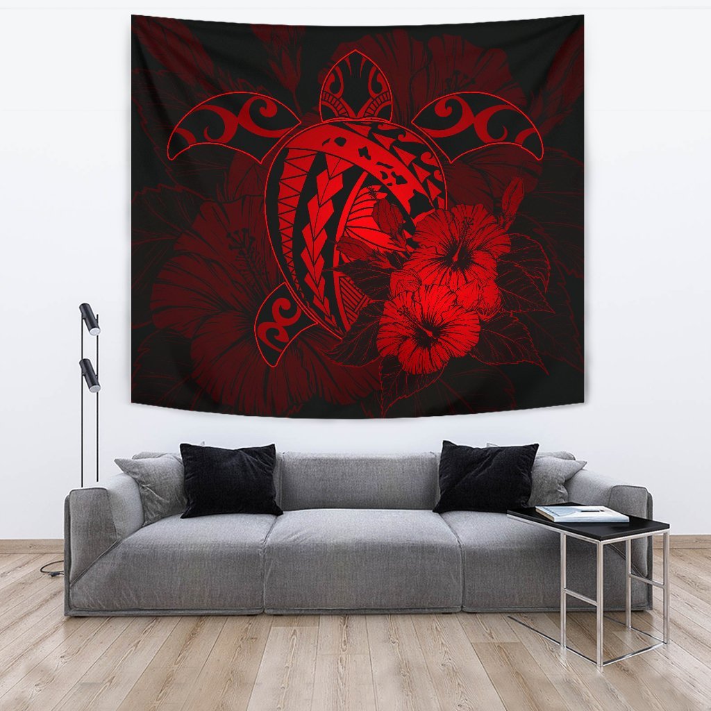 Hawaii Hibiscus Tapestry - Harold Turtle - Red Wall Tapestry Red - Polynesian Pride