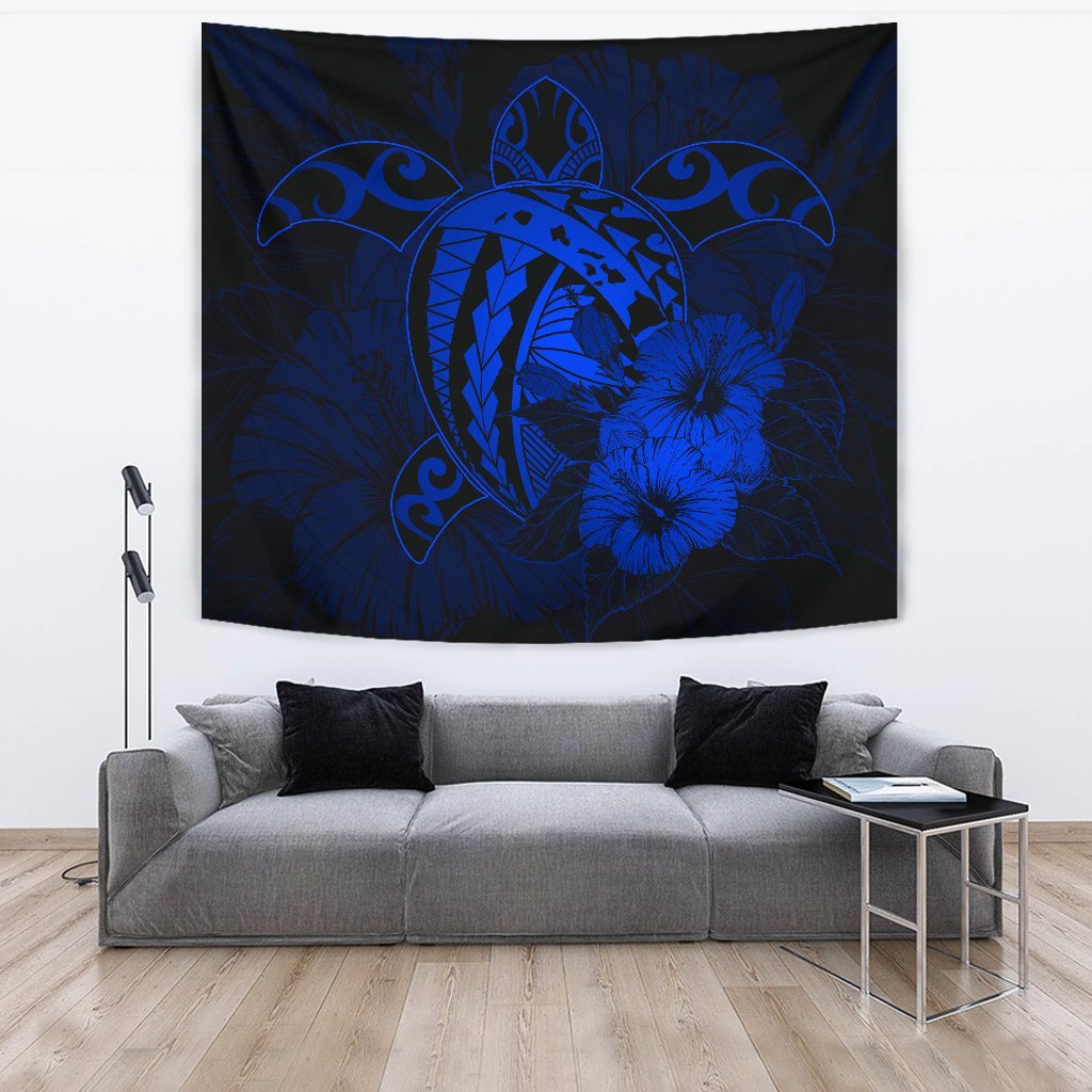 Hawaii Hibiscus Tapestry - Harold Turtle - Blue Wall Tapestry Blue - Polynesian Pride