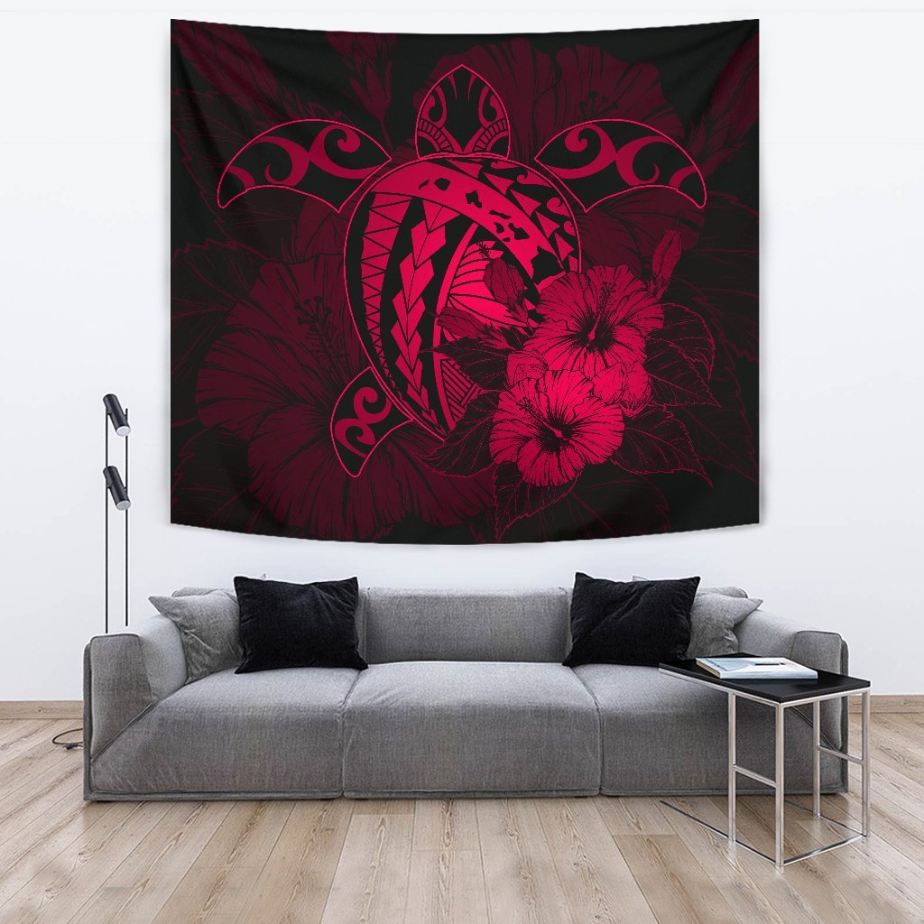 Hawaii Hibiscus Tapestry - Harold Turtle - Calico Red Wall Tapestry Red - Polynesian Pride