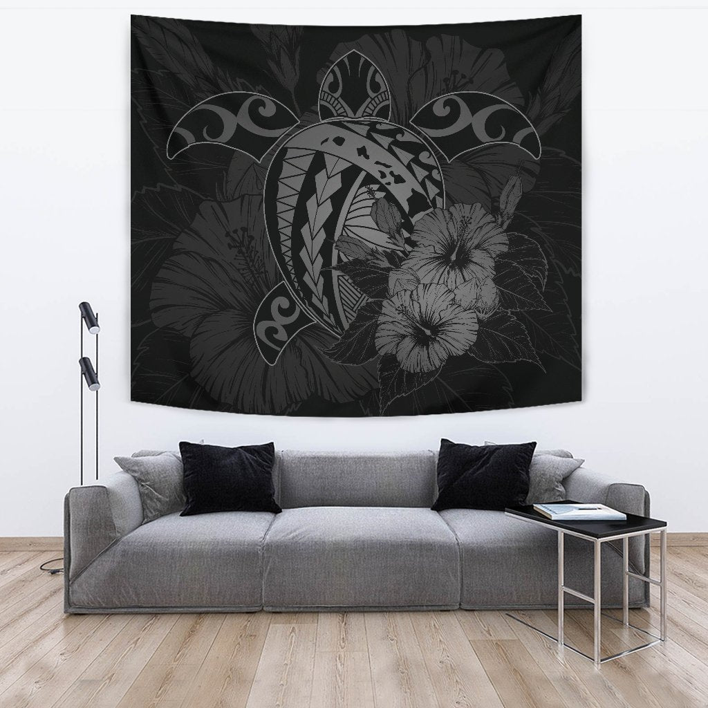 Hawaii Hibiscus Tapestry - Harold Turtle - Gray Wall Tapestry Large 104" x 88" Gray - Polynesian Pride