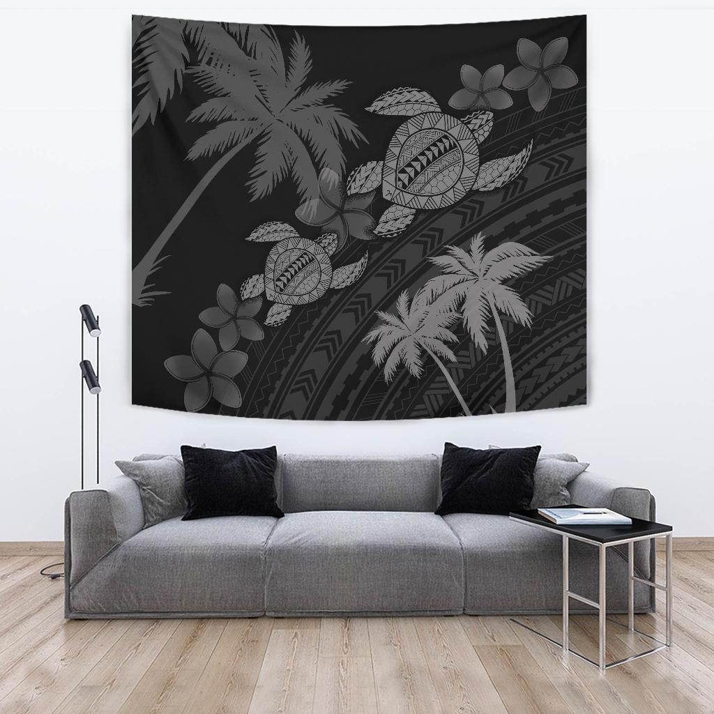 Hawaii Turtle Plumeria Coconut Tree Polynesian Tapestry - Gray Wall Tapestry Large 104" x 88" Gray - Polynesian Pride