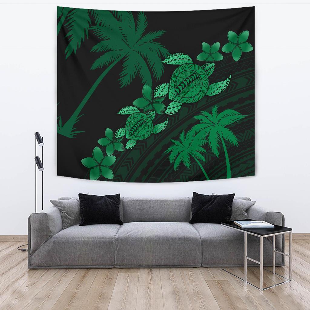 Hawaii Turtle Plumeria Coconut Tree Polynesian Tapestry - Turquoise Wall Tapestry 150cm*150cm Green - Polynesian Pride
