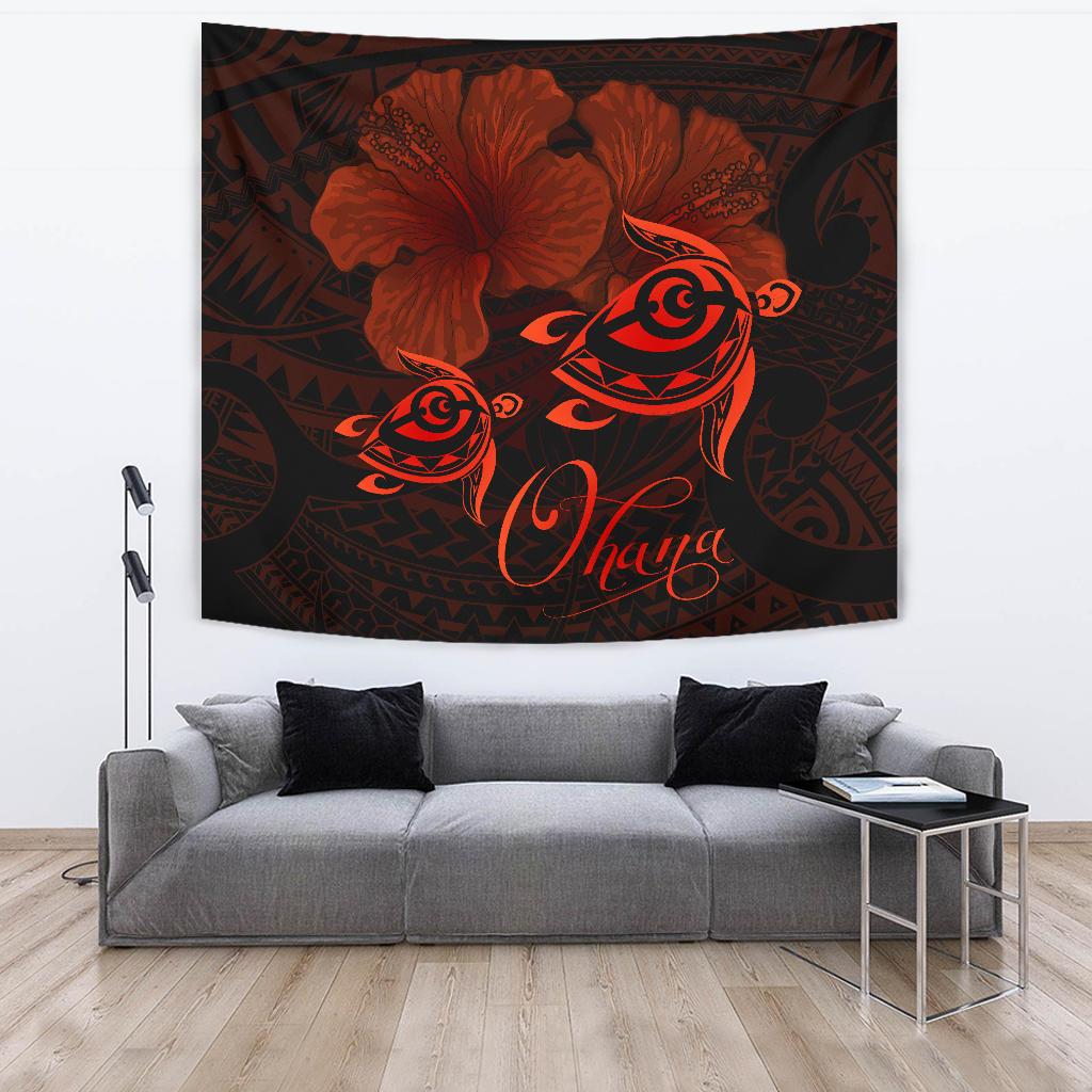 Hawaii Turtle Ohana Hibiscus Poly Tapestry - Orange Wall Tapestry Orange - Polynesian Pride