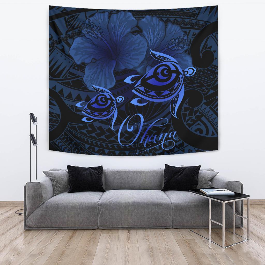 Hawaii Turtle Ohana Hibiscus Poly Tapestry - Tuquoise Wall Tapestry 150cm*150cm Turquoise - Polynesian Pride