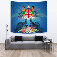 Fiji Tapestry - Turtle Hibiscus Tapa Patterns Wall Tapestry - fiji Large 104" x 88" Blue - Polynesian Pride