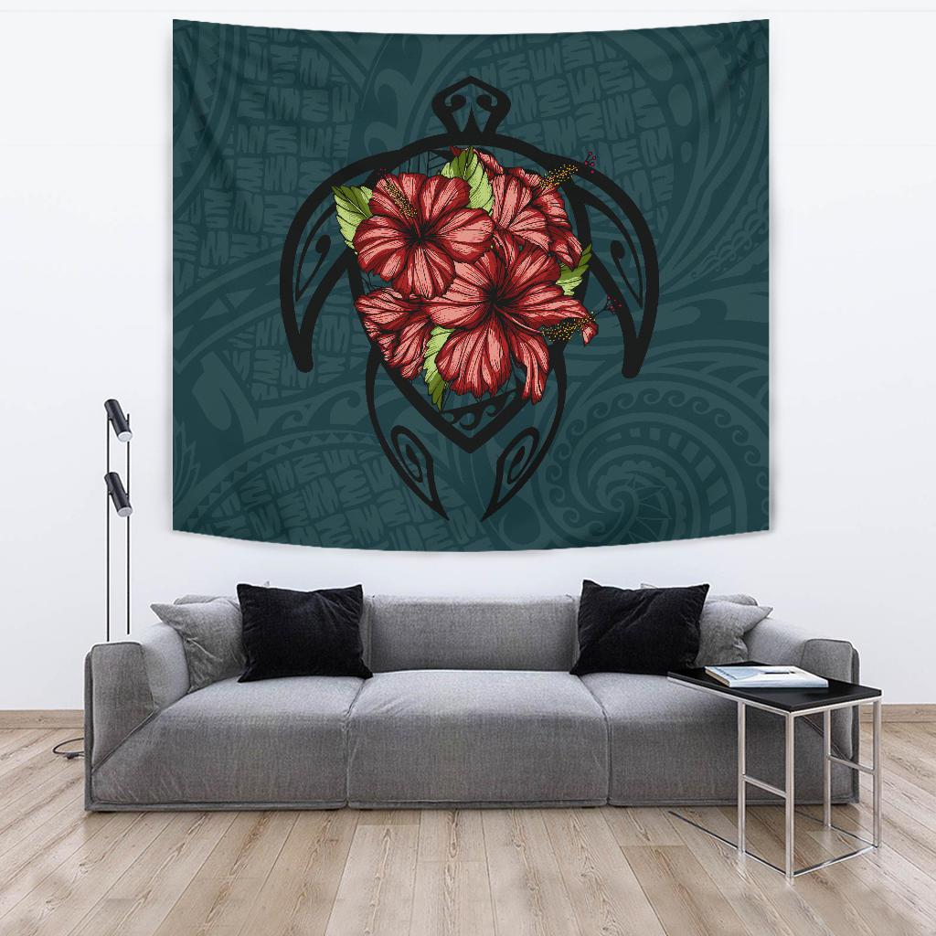 Hawaii Turtle Hibiscus Polynesian Tapestry Wall Tapestry Large 104" x 88" Green - Polynesian Pride